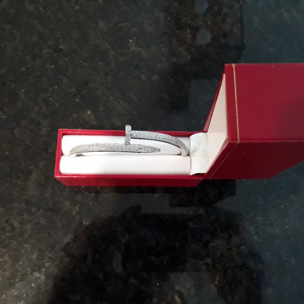 18K STAINLESS STEEL SILVER DOUBLE ROW SIMULATED DIAMOND NAIL BRACELET